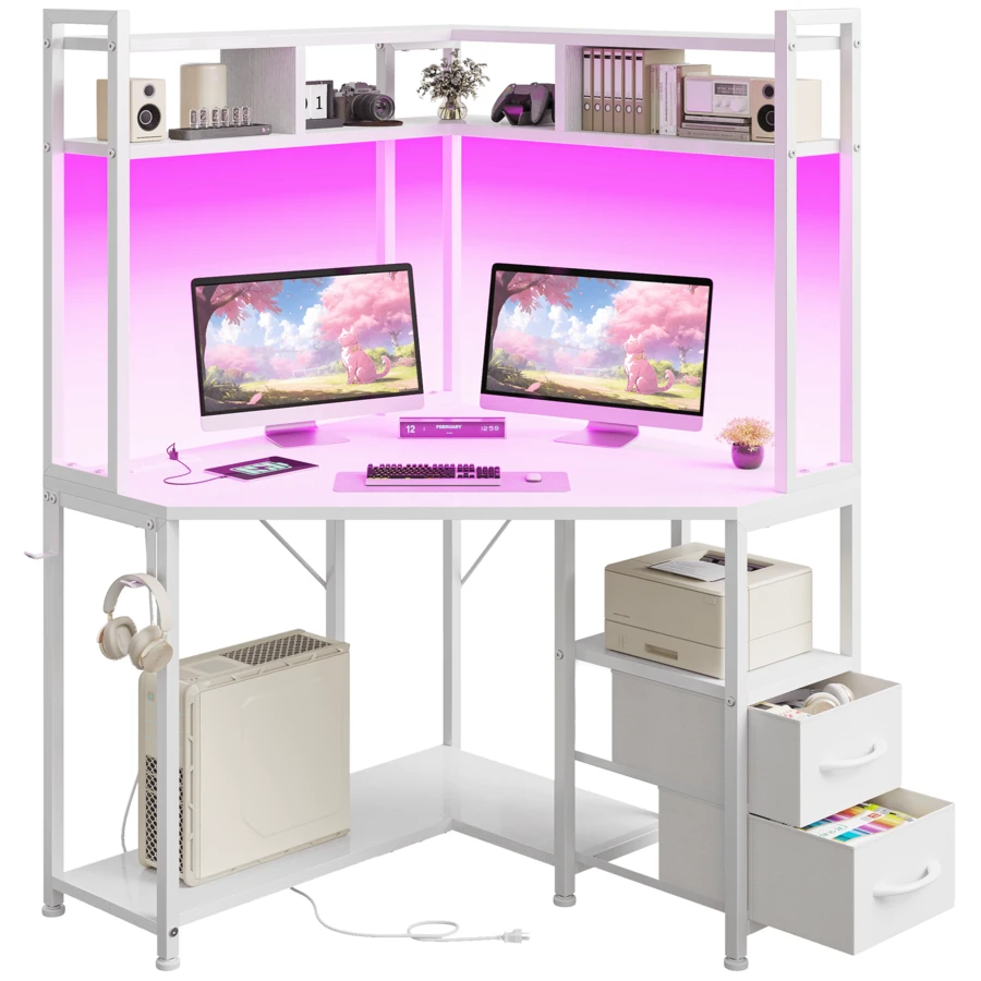 Corner Computer Desk With Power Outlets & LED Lights Gaming Desk With Storage Drawers & Shelves And Hook For Small Space - Xem 1
