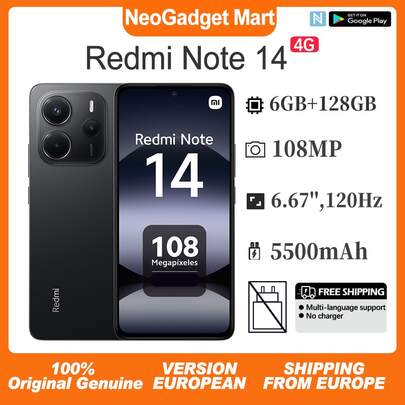 Xiaomi Redmi Note 14 4G, smartfon, 6 GB + 128 GB, wyświetlacz AMOLED 6,67 cala, częstotliwość odświeżania 120 Hz, MediaTek Helio G99-Ultra, aparat 108 MP, turbodoładowanie 33 W, 5500 mAh, NFC, kolor Midnight Black, Dual SIM, wersja europejska telefonu komórkowego