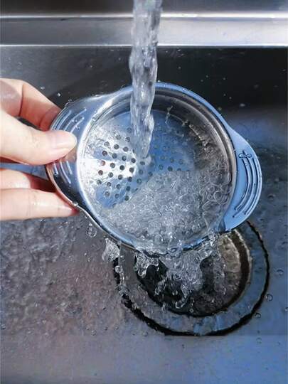 Filtro de drenaje y escoria de acero inoxidable de alta resistencia - Con orificios de drenaje, para sopa, aceite, salsa - Colador de cocina para latas, ollas, cocción - Diseño fácil de limpiar, mango ergonómico, duradero
