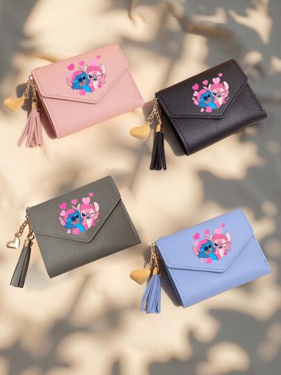 [Stitch Tassel Pendant Wallet] 1pc Stitch Cute Tassel Pendant Decor Short Wallet Faux Leather Multi-Functional Wallet Cartoon Short Wallet Coin Purse Flap Card Case Envelope Bag Gift For Women Wallet Mini Wallet Purse Wallet Small Wallet Cute Wallet
