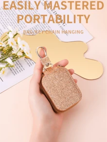 Zipper PU Leather Glitter Earphone Protective Case, Multifunctional Waist Hanging Coin Purse Keychain Pouch For Bluetooth Earphones - Multicolor - View 7