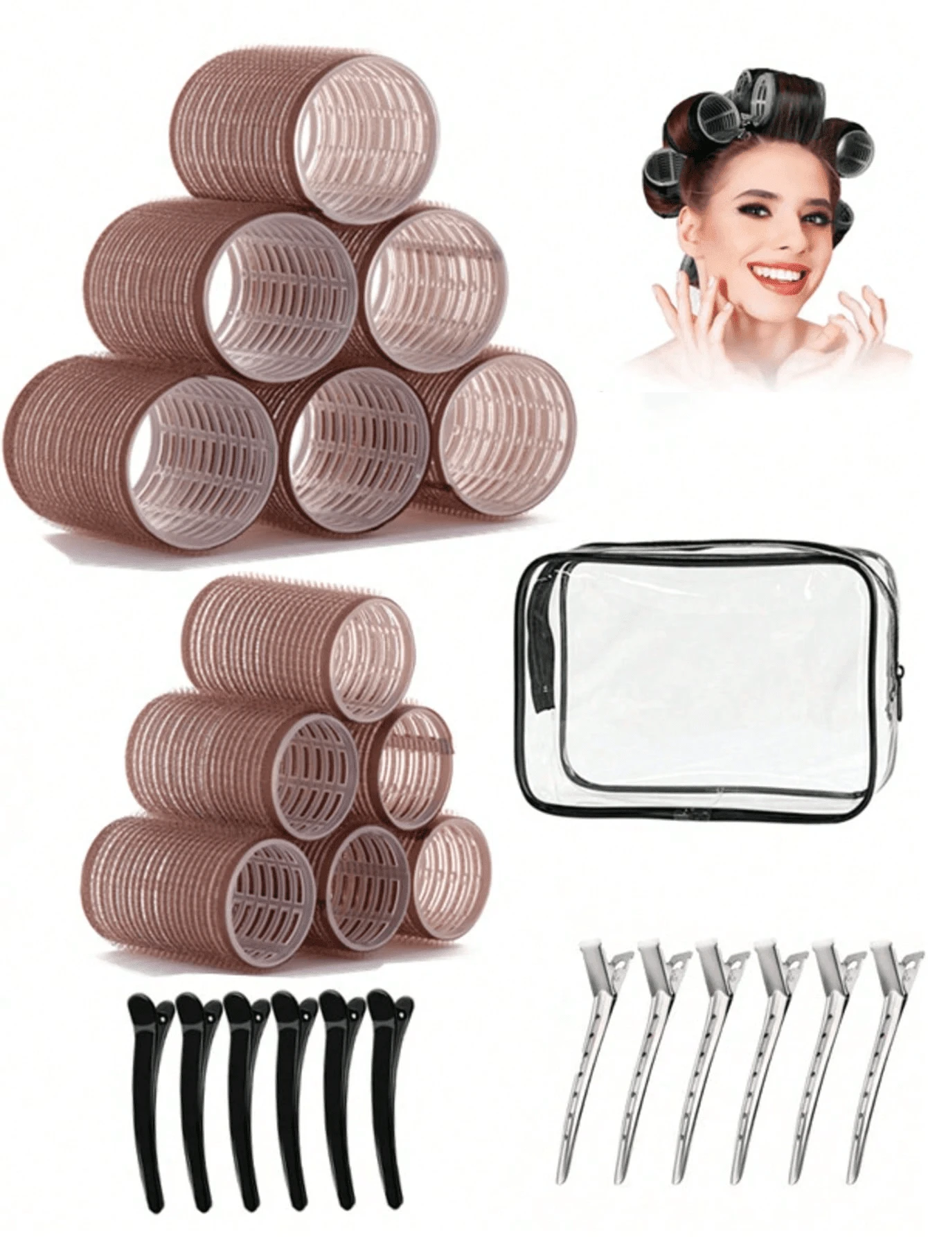 2件套卷发器，共12个，适用于长发、中发和短发，包含大号、中号、小号自粘式卷发器，另附12个发夹和1个化妆包。产品类别：卷发器、卷发工具、卷发棒、卷发器、头发扩散器、美发造型、旅行、美发产品、美发工具、美发配件、美发师、美发用品、沙龙、美发设备。