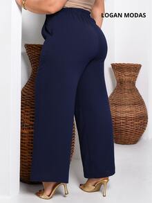 Plus Size Spring Summer Palazzo Pants - Navy Blue - View 2
