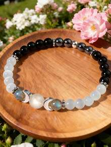 1 pièce Bracelet d'énergie lunaire Tourmaline noire Sélénite et Charme de phase de lune en hématite Bracelet en cristal d'étirement pour l'équilibre, le nettoyage et la guérison - Multicolore - Voir 6