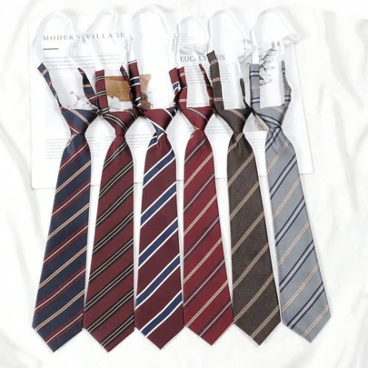 1pc Elastic No-Tie Necktie, Suitable For Shirts, Graduation Photos, Daily Use, Korean/Japanese Style, Versatile, Casual, Student Uniform Accessory, Solid Color, Striped, Khaki Brown, Thin Long Polyester No-Tie Necktie, Suitable For Daily Decoration, Shirts, Gifts, Festivals, Parties, Performances, Adjustable Neck Tie, Campus Gift For Women