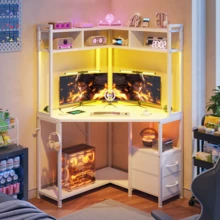 Corner Computer Desk With Power Outlets & LED Lights Gaming Desk With Storage Drawers & Shelves And Hook For Small Space - Xem 3