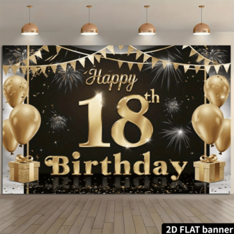 1 festlig 18-årsfestbanderoll - Elegant svart och guldfärgad polyesterbakgrund med "Grattis på 18-årsdagen", fyrverkerier och ballongdesign, 237,5 x 181,5 cm - Perfekt för oförglömliga foton och rumsdekoration, födelsedagsfestdekoration