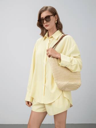 HZXVIC Ensemble de chemise boutonnée en avant et shorts taille haute color unicolore, décontracté, pour la détente