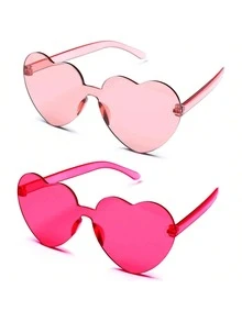 2副心形太阳镜，男女通用无框眼镜，派对服装配饰，90年代复古风，粉色眼镜，啦啦队服，服装配饰，粉色太阳镜，夹片式太阳镜，复古服装