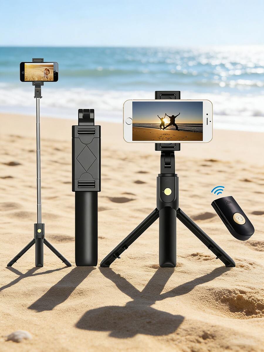 Portable Selfie Stick, Wireless Remote Control, Retractable Selfie Stick With Stable Tripod Base, With Rotatable Handle And Retractable Distance, Universal Mobile Phone Holder, Bluetooth Camera Remote Control, Multi-Function Suitable For Handheld Selfies, Outdoor Activities And Interviews - Black - View 1