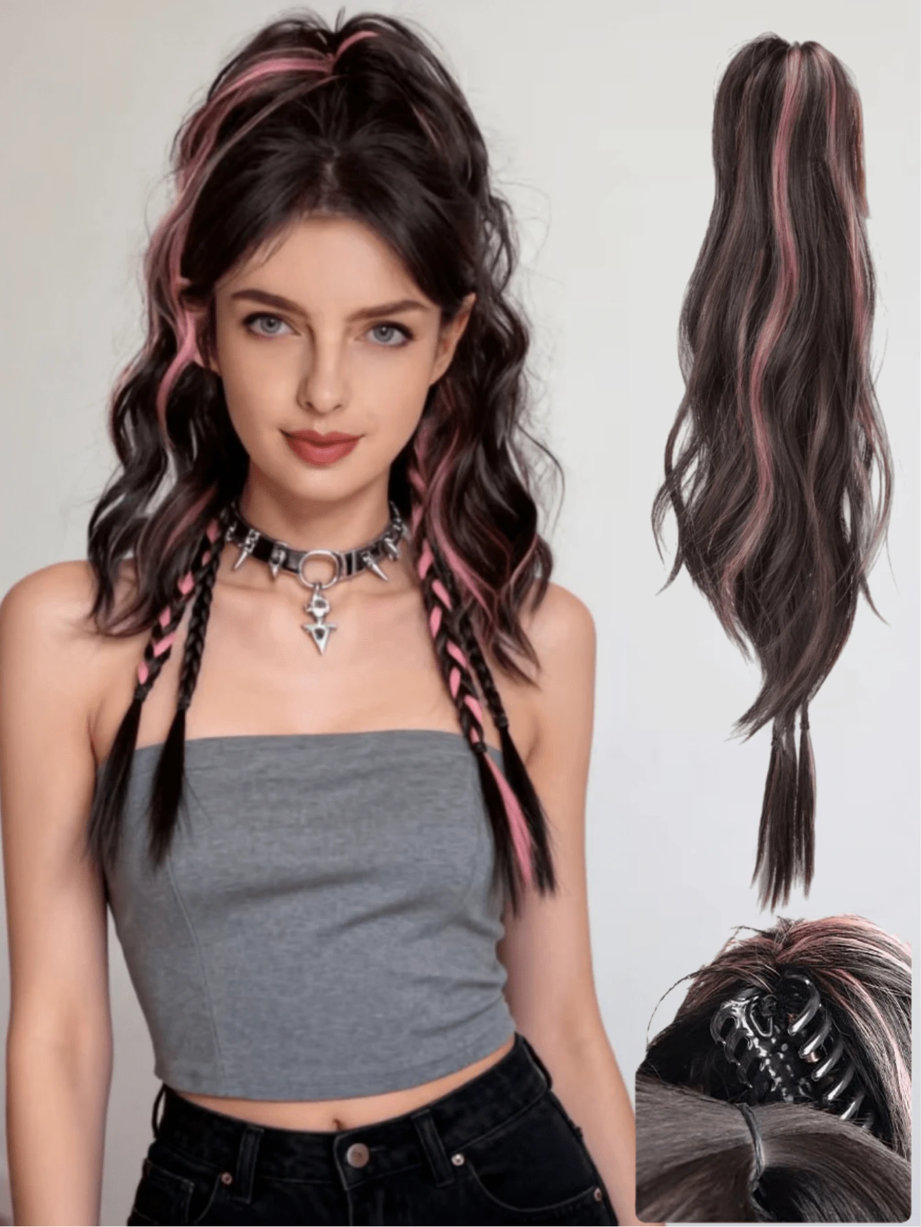 24 Inch High Ponytail Clip-On Synthetic Hair Ponytail, Ombre Braided Ponytail Extension