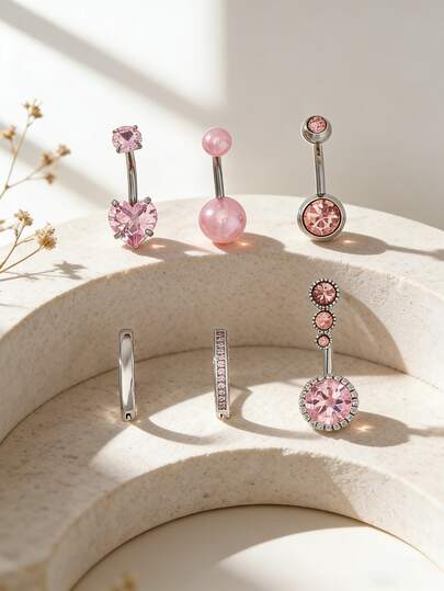 6pcs Fashionable Heart & Round Shape Navel Rings For Women, Suitable For Daily Wear, Beach, Party Outfits, Jewelry Set