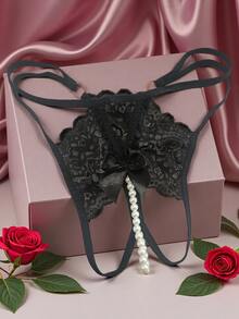 AB. Sexy Lace Hollow Thong Panties, Transparent Hot Pants With Beaded Trim, Paired With Fashionable Lace Double-Ring Briefs - Black - View 3