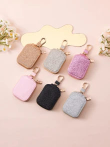 Zipper PU Leather Glitter Earphone Protective Case, Multifunctional Waist Hanging Coin Purse Keychain Pouch For Bluetooth Earphones - Multicolor - View 1