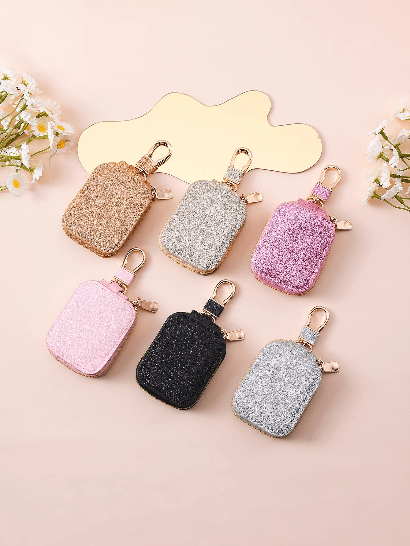 Zipper PU Leather Glitter Earphone Protective Case, Multifunctional Waist Hanging Coin Purse Keychain Pouch For Bluetooth Earphones - Multicolor - View 1