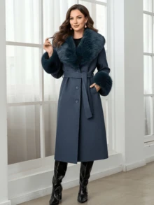 Women's Wool Blend Coat With Faux Fur Collar, Cuffs And Belt - Fashionable Long Jacket For Cold Weather - Light Blue - View 5