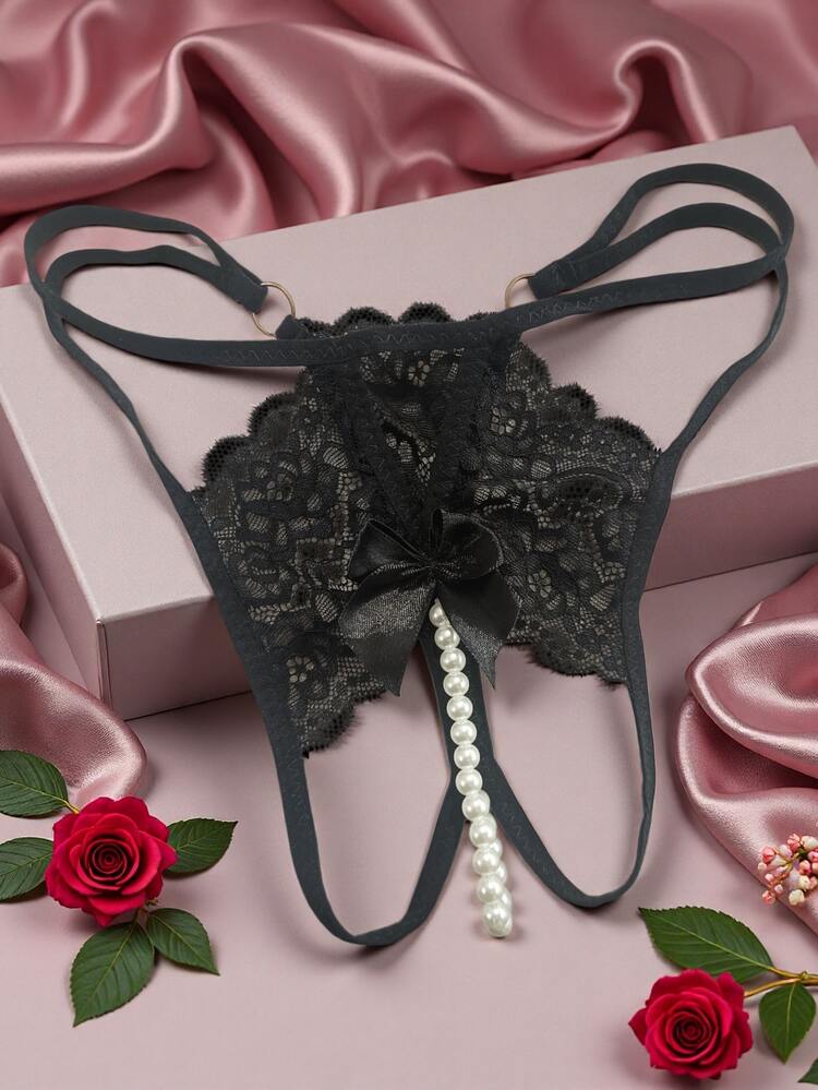 AB. Sexy Lace Hollow Thong Panties, Transparent Hot Pants With Beaded Trim, Paired With Fashionable Lace Double-Ring Briefs - Black - View 1