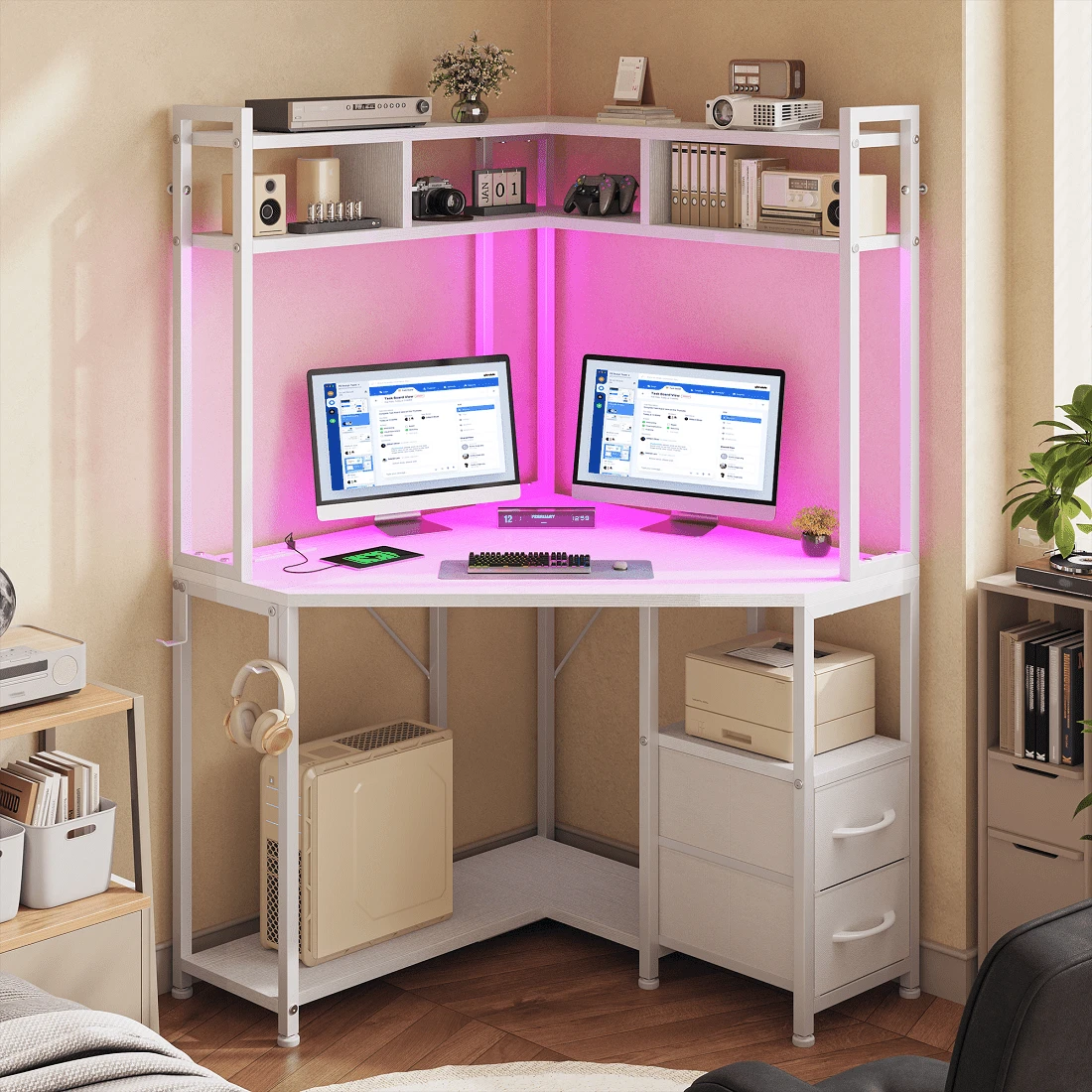 Corner Computer Desk With Power Outlets & LED Lights Gaming Desk With Storage Drawers & Shelves And Hook For Small Space - Xem 1