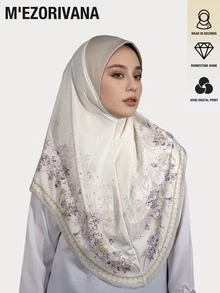 1pc Floral Print Bohemian Polyester Chiffon Hijab With Rhinestone Embellished Brim, All Season - One-piece Diamond-encrusted Hat With Brim - View 15