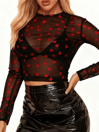 Women Sheer Mesh Heart Print Slim Fit Top Cute Pattern See Through Round Neck Long Sleeve Crop Top Spring Casual Aesthetic Going Out Blouse Y2k Streetwear