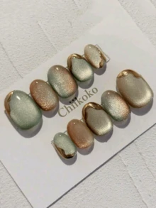 10片手工制作的椭圆形绿红猫眼美甲贴纸，金色镶边，适合日常和节日佩戴，可重复使用，非常适合女性和女孩，可爱美甲贴纸。按压式美甲贴 - 橄欖綠 - 查看 11