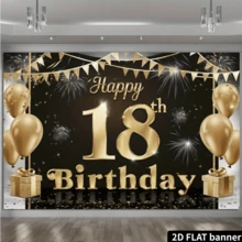 2D平面18岁生日派对横幅 - 优雅的黑金涤纶背景，印有“18岁生日快乐”字样、烟花和气球图案，非常适合拍照留念和房间装饰，生日派对装饰 - 黑色 - 查看 8