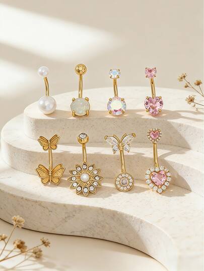 8pcs Sexy Glamorous Heart & Butterfly Navel Rings, Suitable For Daily Wear, Beach, Party Outfits, Jewelry Set