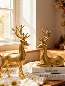 两件套金色驯鹿雕像 - 闪亮树脂驯鹿摆件，配以优雅的鹿角，适合家居装饰、桌面摆放、壁炉架、窗台和壁炉装饰，是室内派对、家庭聚会的理想之选，也是馈赠朋友的独特礼物。 - 彩色 - 查看 4
