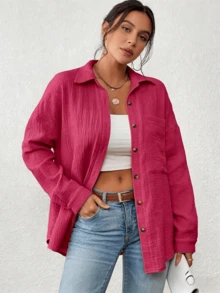 Women's Loose Fit Long Sleeve Lapel Button-Shirt - Drop Shoulder Casual Top With Tassel Detail, Solid Color For Fall Winter, Versatile Layering Piece, Fall/Winter Fashion, Relaxed Style, Stylish Detailing, Fashion LoversWomen's Winter WearWomen's Fall ClothingWomen's Fall OutfitsStylish Fall PiecesWomen's Winter JacketsLoungewearHome WearDefine JacketSports JacketSki Clothes WomenZip Up JacketsFitted JacketWinter Coat For WomenAbrigos De Invierno Para MujerWomen's Winter Clothing Of Women's Winter ClothingWomen's Winter FashionWomen's Winter Promotion Of Women's Winter ClothingChristmasHalloweenChristmas Gift - Phiên bản nâng cấp màu đỏ - Xem 2