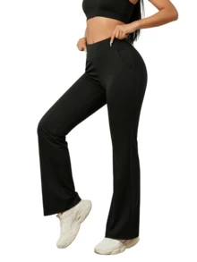 EBIOSVE Women's Flared Yoga Pants In Black | High-Waisted Tummy Control With Side Pockets | Lightweight & Stretchy For Spring & Fall - 3pcs(black) - 查看 8
