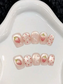 10片装夏季粉色手绘猫眼法式草莓波点亚克力按压式美甲贴纸，可爱甜美长方形假指甲，DIY美甲用品，情人节、上学和旅行必备 - 粉色 - 查看 4
