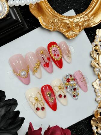 10 piezas de uñas postizas de acrílico hechas a mano | Forma de almendra | Estilo francés con perlas lindas Y2K | Polvo de uñas de cromo dorado estilo gótico de San Valentín | Rosa, rojo, blanco para mujeres y niñas con decoración de rhinestone de lujo DIY