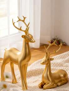 两件套金色驯鹿雕像 - 闪亮树脂驯鹿摆件，配以优雅的鹿角，适合家居装饰、桌面摆放、壁炉架、窗台和壁炉装饰，是室内派对、家庭聚会的理想之选，也是馈赠朋友的独特礼物。 - 彩色 - 查看 3
