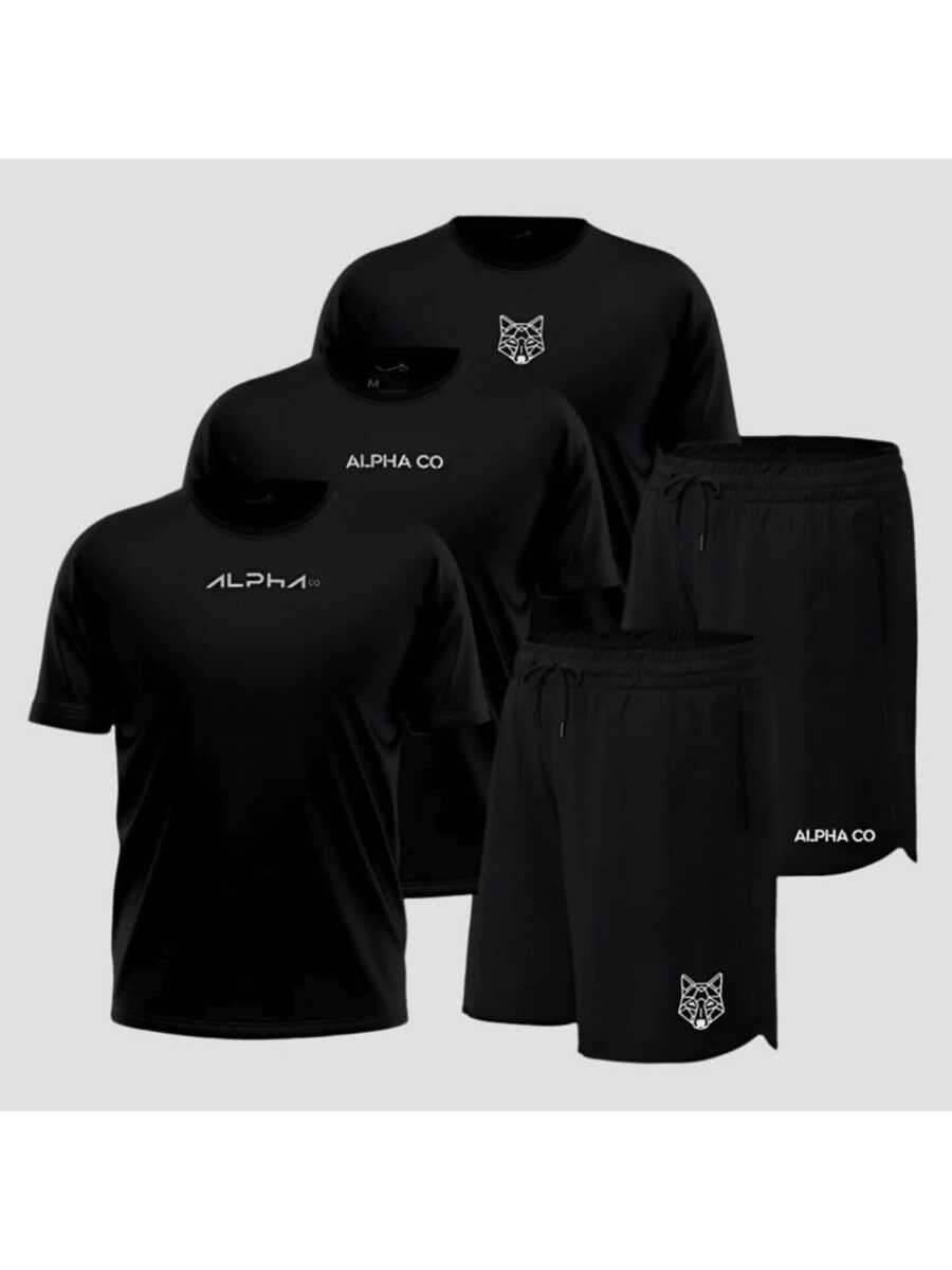 5-Piece Kit: Dry Fit T-Shirt + Elastane Shorts, Alpha Co Lobo Wolf Essential Gym Fitness Original - 黑色 - 查看 1