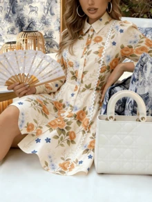 Kremowa, kwiecista sukienka mini dla kobiet, długi rękaw, zapinana z przodu na guziki, dopasowana spódnica w kształcie litery A z koronkowym wykończeniem, elegancka sukienka na imprezę - Żółty - Zobacz 5