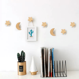2pcs Wooden Wall Hook Beech Stars Moon No Punch Clotheshook Hook Decorative Wall Hanging Clotheshook Behind The Door