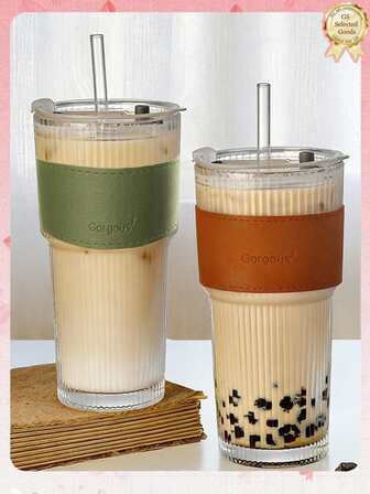 6 piezas/4 piezas/3 piezas/2 piezas/1 pieza Vasos de café con hielo con tapas, vasos de vidrio de alta calidad para jugo/café con tapas y pajitas, vasos de vidrio de gran capacidad de 18 onzas con rayas verticales, tapas a prueba de polvo, resistentes al calor y al frío, hechos de vidrio premium, adecuados para té, café con hielo, batidos, malteadas, whisky, cócteles, cerveza