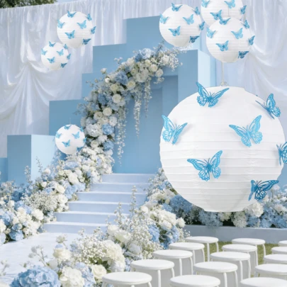 Romantic Blue Butterfly Paper Lanterns For Valentine's Day Wedding | Outdoor Wedding Venue Dreamland, Gentle Ambiance For Valentine's Day Home Dates! Blue Butterfly Accents + Fresh White Lanterns, Romantic Decor For Engagement Party, Anniversary
