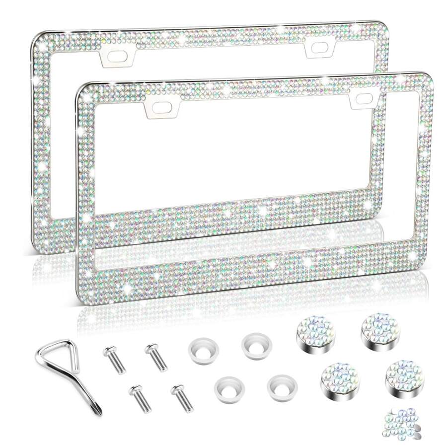 2PCS Stainless Steel License Plate Frame With Glitter Rhinestones, US Standard Size Fits All Cars/Trucks/SUVs, Women's Fashion Car Accessories, Rustproof & Easy Install, Premium Auto Decor, Birthday Gift Idea - Màu 2 chiếc - Xem 1
