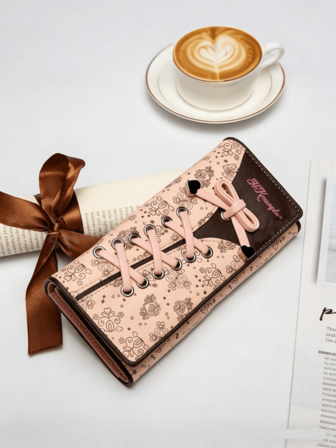 Women's Slim PU Long Wallet Heart Lace - Up Decor Random Pattern Business Commute Teacher Valentine Gift