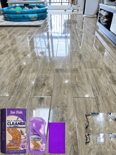JUE FISH 100毫升多用途地板清洁剂，多效地板除油清洁剂，强效清洁、除油、增亮抛光泡沫清洁剂。令地板光亮如新，散发迷人香气。清洁并抛光木地板，去除污垢，使表面光滑，打造纯净舒适的家居环境。它是您快乐的清洁助手，适用于各种场合，包括瓷砖和木地板。