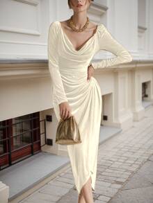 Roviva 女士优雅派对连衣裙，毕业礼服，垂褶领长袖褶皱腰身连衣裙，卡其色，适合情人节、感恩节、新年、婚礼、生日派对、约会、正式晚宴、下午茶、工作、早午餐、单身派对、通勤等场合。 - 杏色 - 查看 3