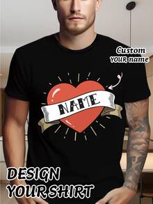 1pc Men's Custom Name-Printed Heart Graphic Black Regular Fabric Personalized Styling Retro T-Shirt Suitable For Daily Casual & Valentine's Day Occasions - Multicolor - View 1