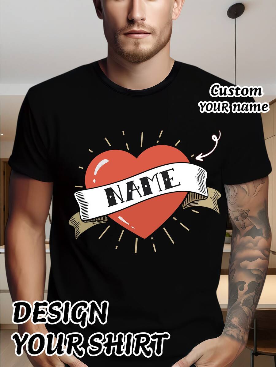 1pc Men's Custom Name-Printed Heart Graphic Black Regular Fabric Personalized Styling Retro T-Shirt Suitable For Daily Casual & Valentine's Day Occasions - Multicolor - View 1