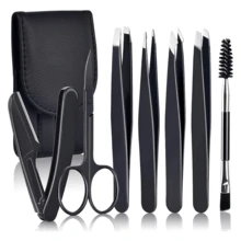 7pcs Women's Facial Hair Tweezers Set, Includes Eyebrow Tweezers, Ingrown Hair Tweezers, Eyebrow Brush, Eyebrow Razor, Eyelash Scissors, Daily Beauty Removal Tools, With Leather Travel Case, Great Gift,Giveaways,Travel,Cheap Stuff,Travel Essential - Black - View 1