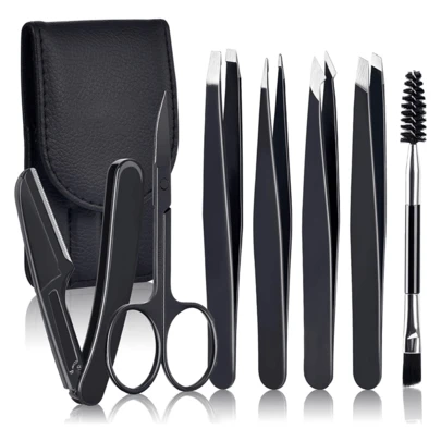 7pcs Women's Facial Hair Tweezers Set, Includes Eyebrow Tweezers, Ingrown Hair Tweezers, Eyebrow Brush, Eyebrow Razor, Eyelash Scissors, Daily Beauty Removal Tools, With Leather Travel Case, Great Gift