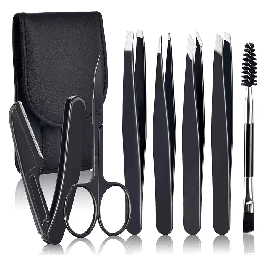 7pcs Women's Facial Hair Tweezers Set, Includes Eyebrow Tweezers, Ingrown Hair Tweezers, Eyebrow Brush, Eyebrow Razor, Eyelash Scissors, Daily Beauty Removal Tools, With Leather Travel Case, Great Gift,Giveaways,Travel,Cheap Stuff,Travel Essential - Black - View 1