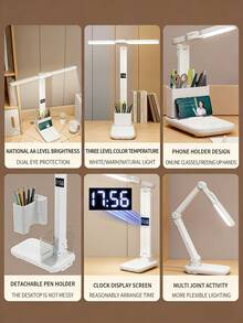1 st. uppladdningsbar LED-skrivbordslampa, dimbar skrivbordslampa med 3 nivåer (med pennhållare och klockstativ), hopfällbar läslampa med pekskärm, ögonvänlig läslampa för barnrum, hem, kontor, sovrum - En-Storlek - Visa 9