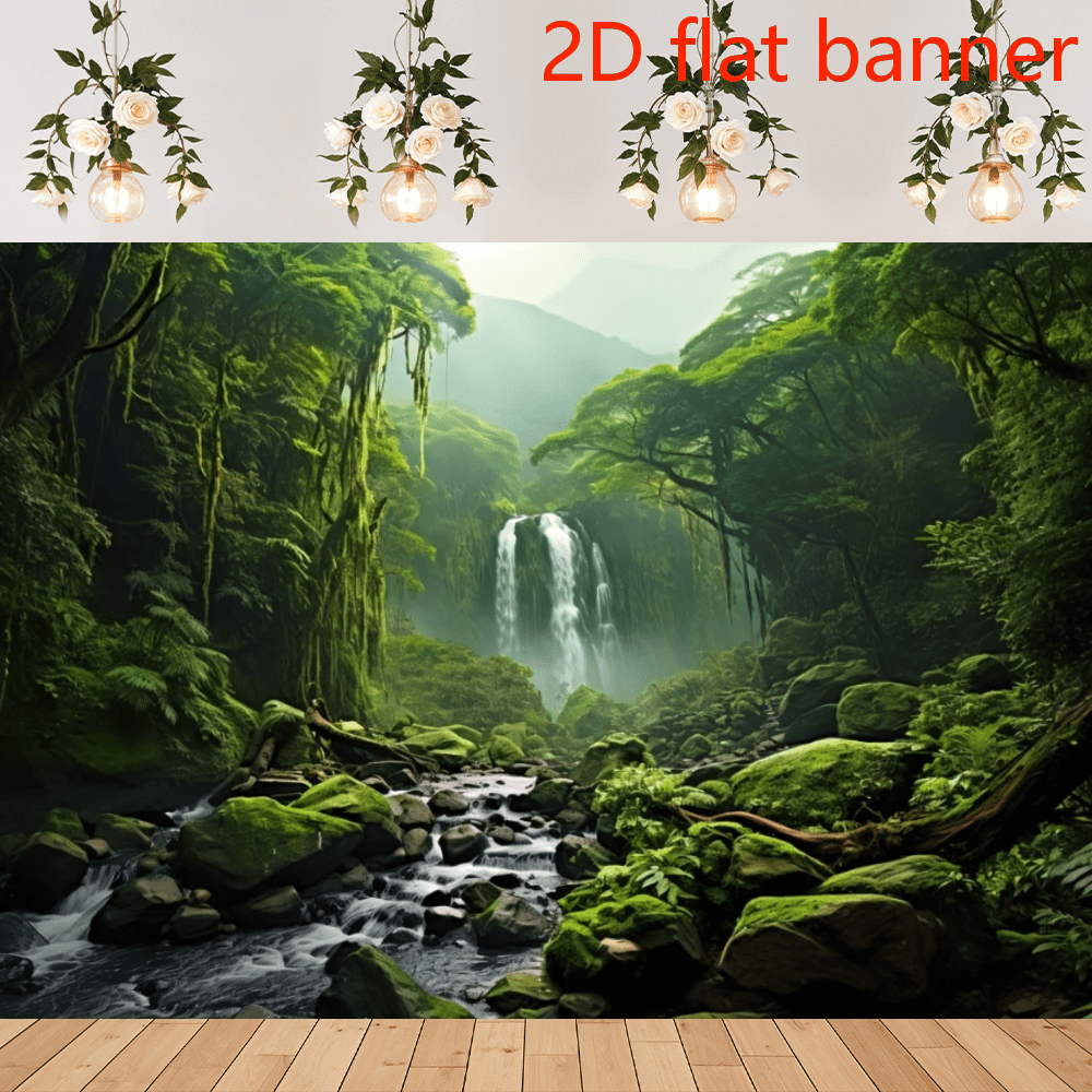 2D Flat Banner 1pc,Graceful Natural Scenery Backdrop Evergreen Forest Jungle Rock Flowing Mountain Stream Rainforest Photography Background Birthday Party Events Photo Studio Props, Photobooth Studio Prop, Party Supplies