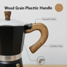 6-Cup Espresso Maker Aluminum Moka Pot, Fast Brewing With Wood Grain Plastic Handle, Compact Stovetop Coffee Pot For Camping & Home - Black - View 6